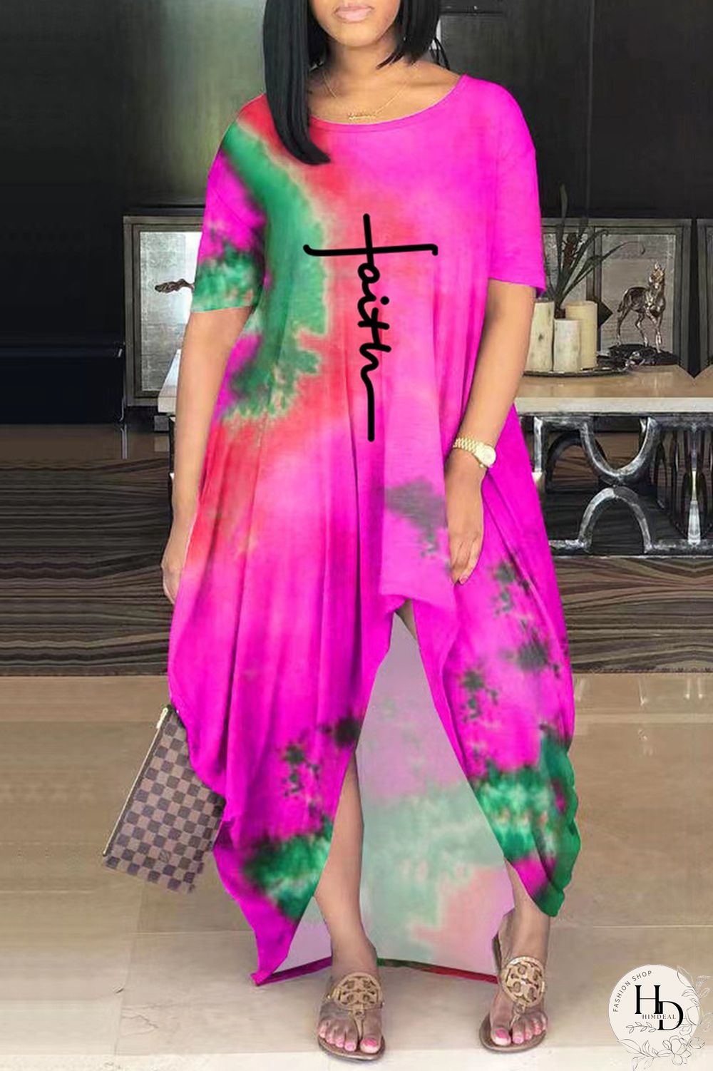 Purple Casual Print Tie-dye O Neck Short Sleeve Dress