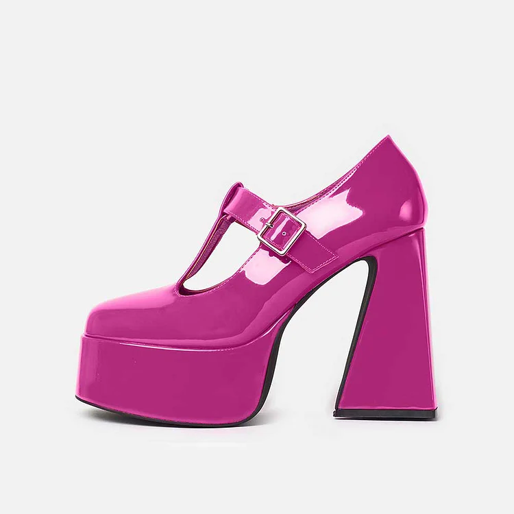 Fuchsia Square Toe Buckled T-Strap Flared Heel Platform Mary Janes |FSJ Shoes