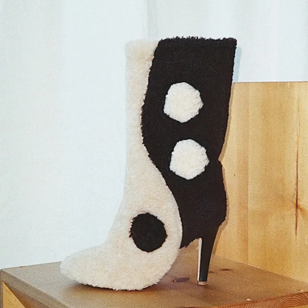 Black and White Pointed Toe Stiletto Boots Furry Bagua Mid Calf Boots Nicepairs