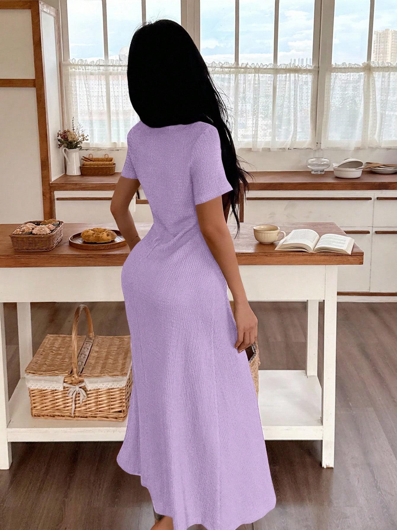 Women's Casual Solid Color Jacquard Gathered Ruffle Trim Square Neck Maxi Loungewear Dress Brown Dress Lounge Dress Summer Dress Tie Front Dress Midi Dress