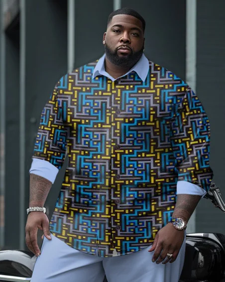 Men's Plus Size Geometric Long Sleeve Lapel Shirt Set of Two