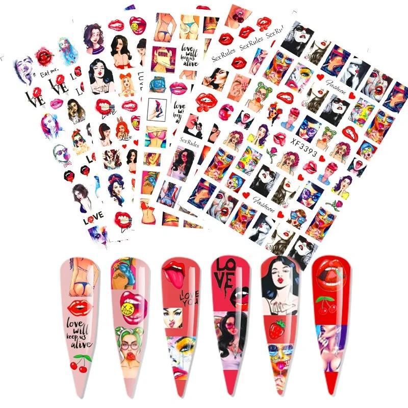 1 Piece of 9.6x6.5CM Valentine's Day Nail Sticker with Adhesive Red Lips Love Sexy European Style Nail Art Design Applique