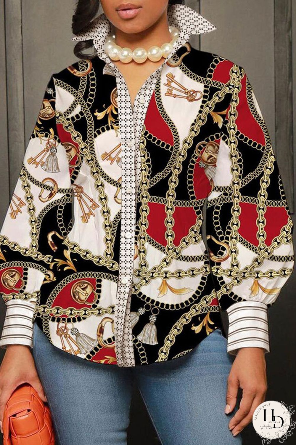 Black White Casual Street Print Patchwork Buckle Turndown Collar Plus Size Tops