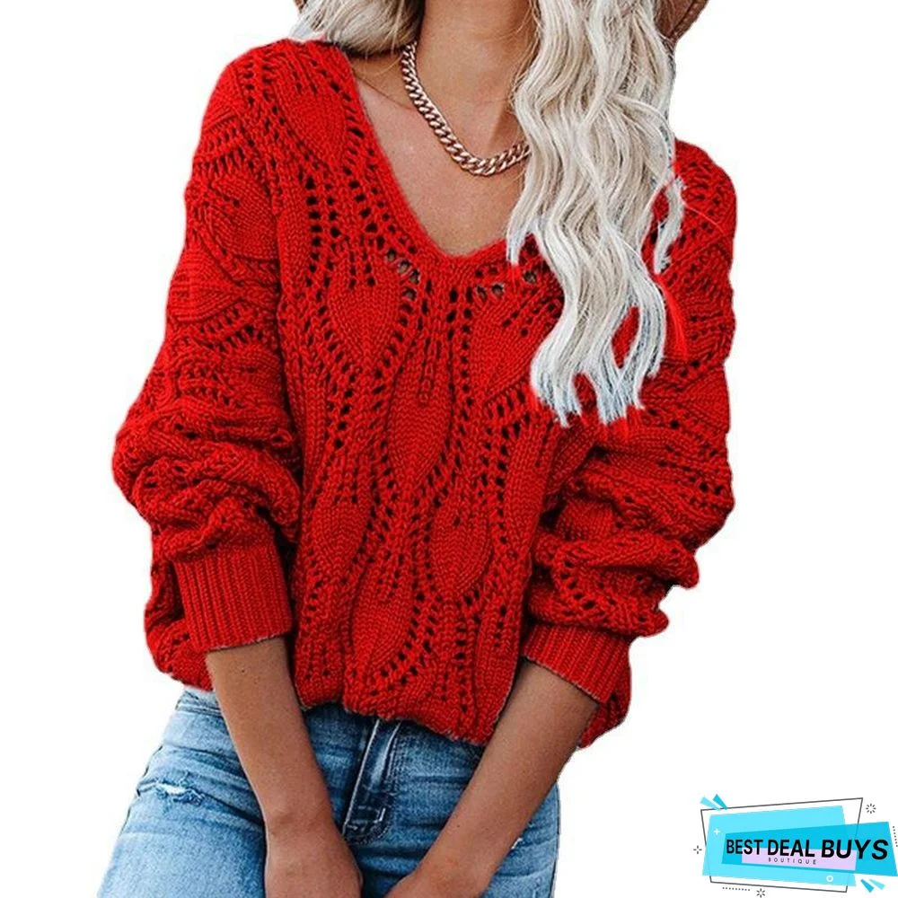 Casual Solid Hollow V-Neck Long Sleeve Knitted Pullover Sweater