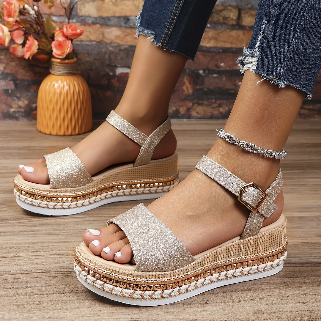 Yyvonne And Summer New Large-Size Hollow Fish Mouth Heel Sandals Women's Pine Cake Silver Bright Buckle Flat Women's Shoes