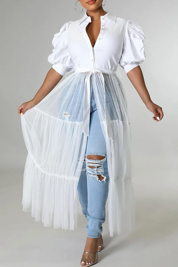 Charming Mesh Stitching Puff Sleeve Shirt