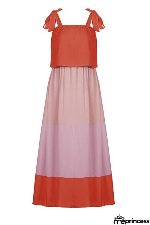 Color Block Bow Slip Maxi Dress