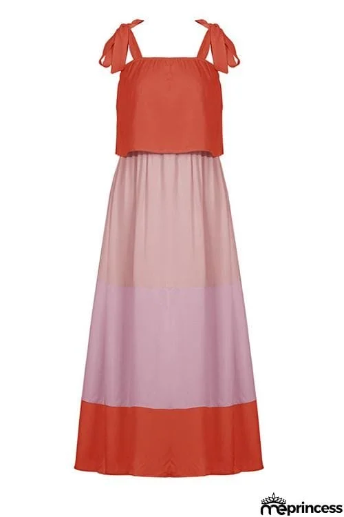 Color Block Bow Slip Maxi Dress