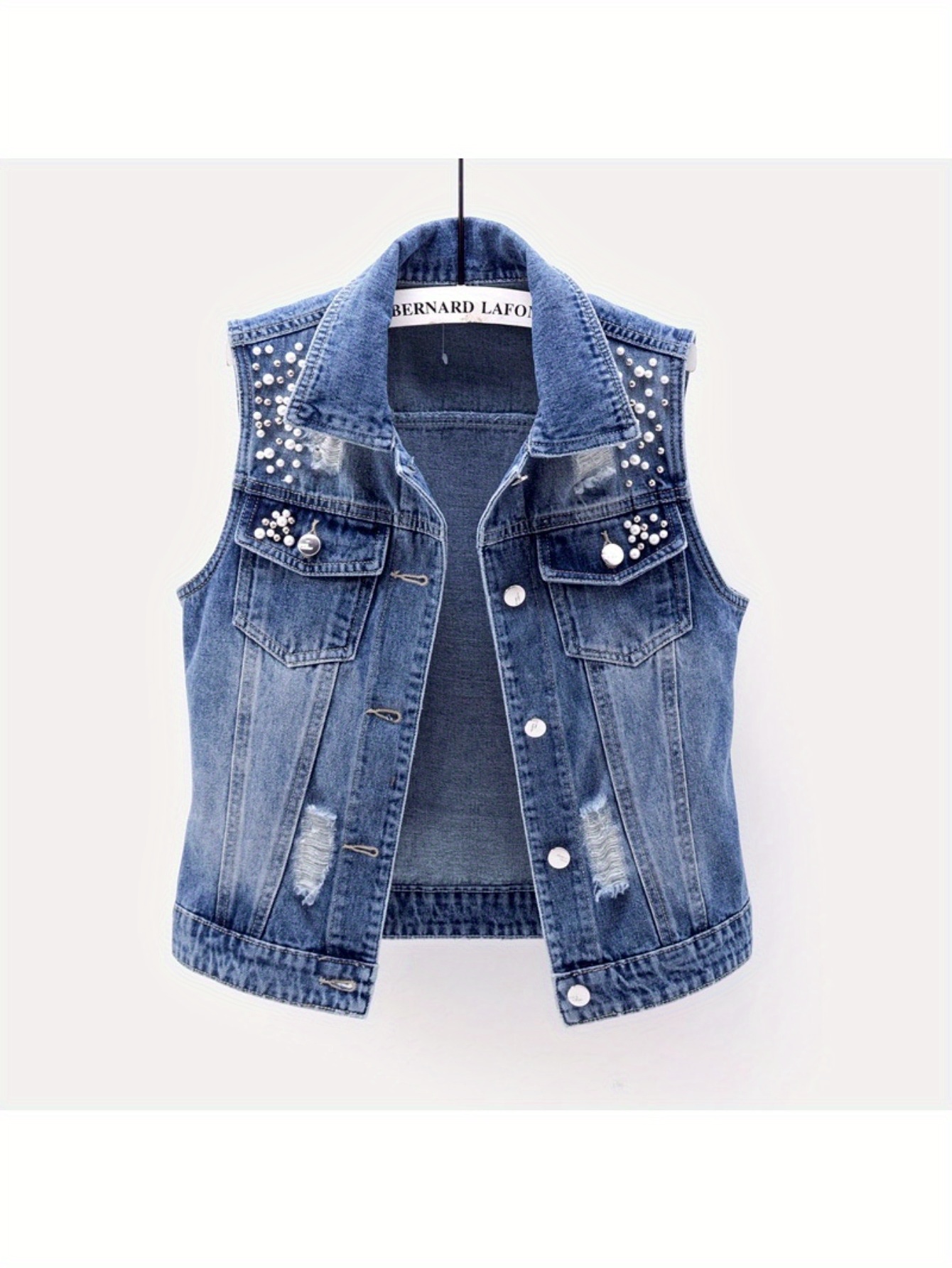 Women's Beaded Pearl Sleeveless Denim Vest, Ripped Denim Jacket, Jacket | IFYHOME