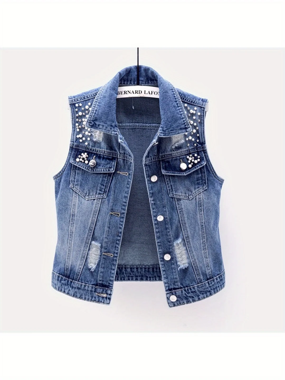 Women's Beaded Pearl Sleeveless Denim Vest, Ripped Denim Jacket, Jacket | IFYHOME