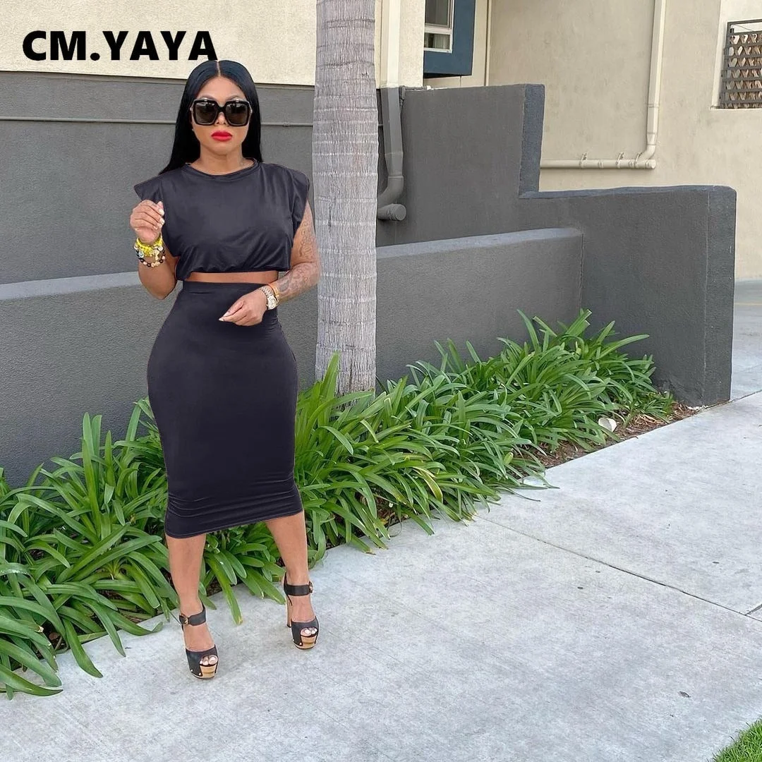 CM.YAYA Women Skirts Two 2 Piece Set Fashion Streetwear Crop Tops and Midi Skirt Matching Set Classic Outfits