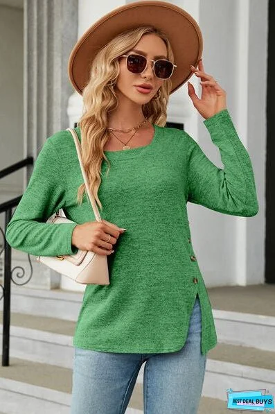 Slit Decorative Button Square Neck T-Shirt