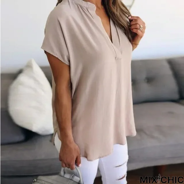 High Quality Ladies Chiffon V-Neck Solid Short Sleeve Casual Blouse Tops T-Shirt