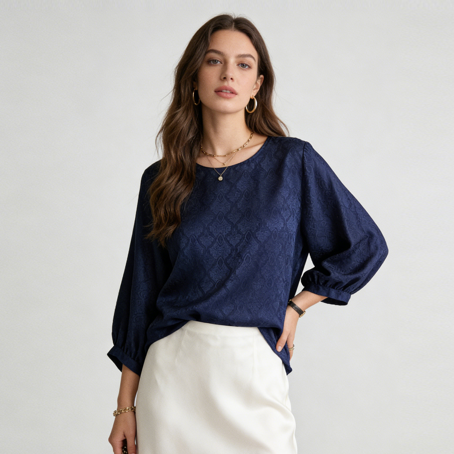 Silk Blouse Jacquard Relaxed Fit Top REAL SILK LIFE