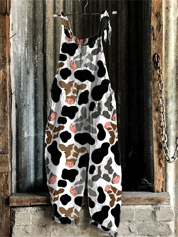 Vintage cow print Linen Blend Loose Fit Cozy Jumpsuit-mysite