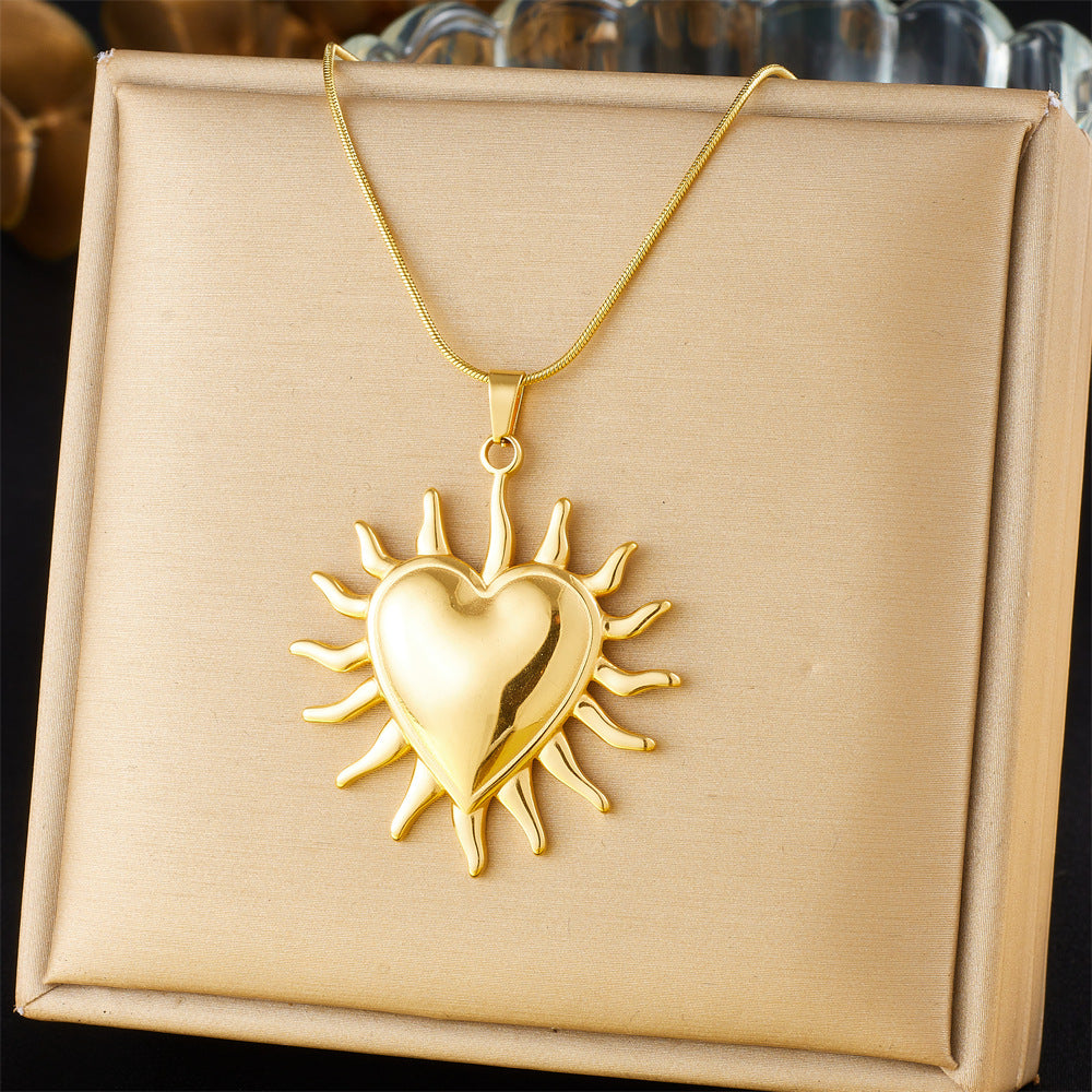 Fashionable Glossy Gold-Plated Stainless Steel Sun Heart Pendant Personality Necklace