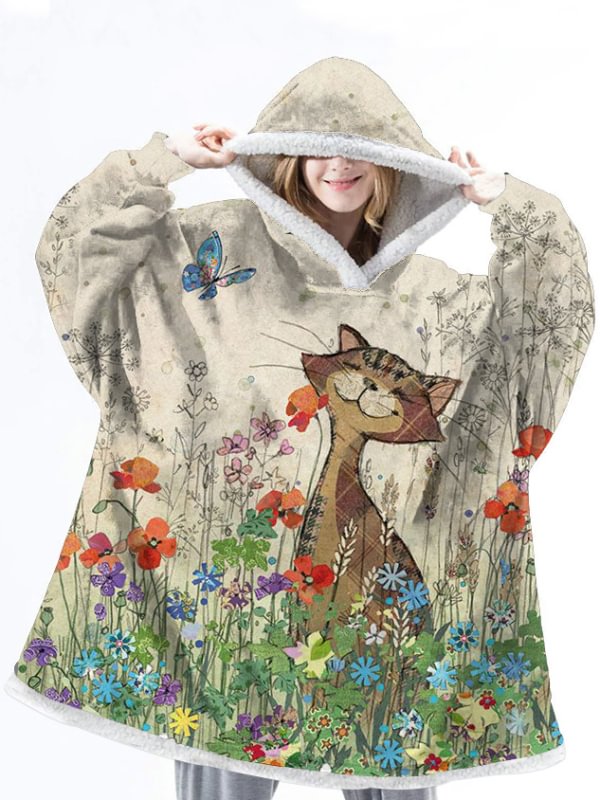 Floral Cat Print Fleece Oversize Blanket Hooded Pajamas Hoodie
