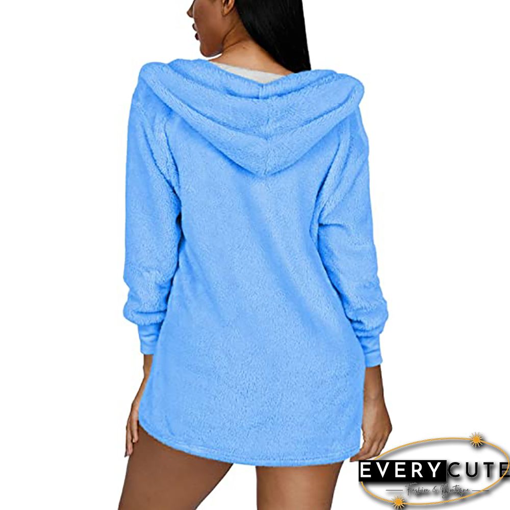 Light Blue Plush Hoodie with Shorts and White Vest 3pcs Set