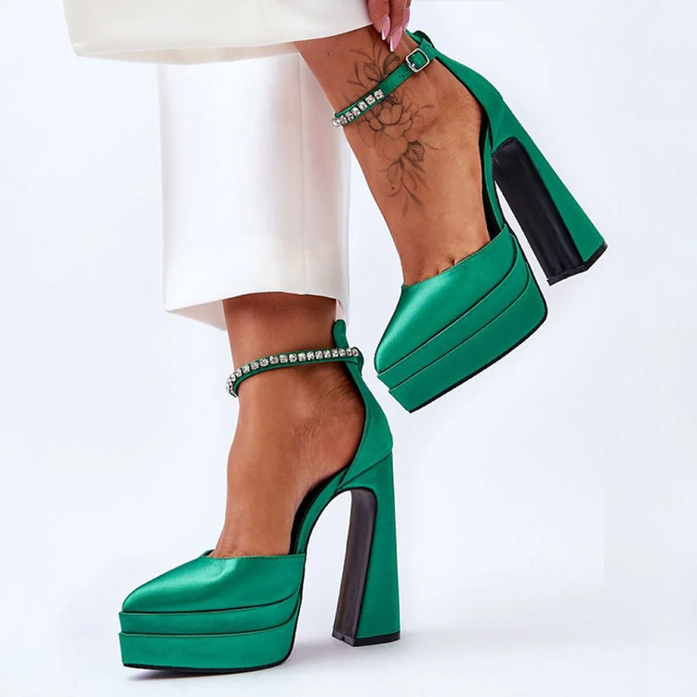Green Satin Closed Pointed Toe Rhinestone Ankle Strappy Platform Pumps With Chunky Heels Nicepairs