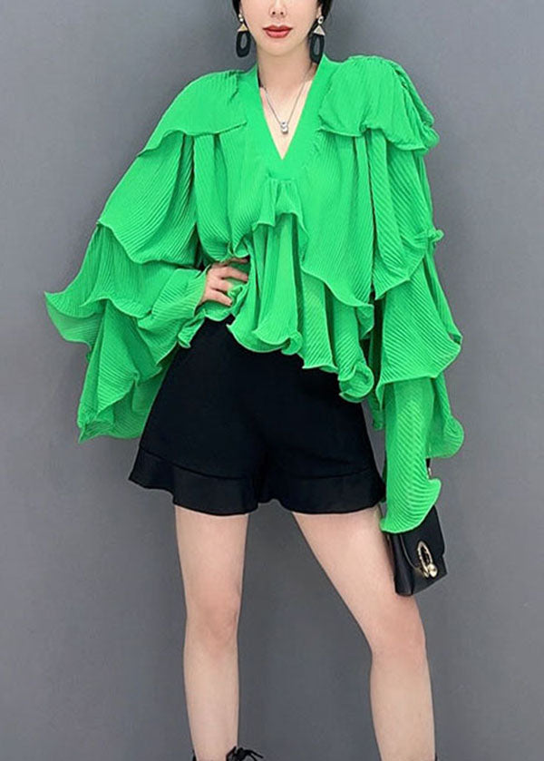 VCSHOES Green Asymmetrical Ruffled Patchwork Chiffon Tops Spring