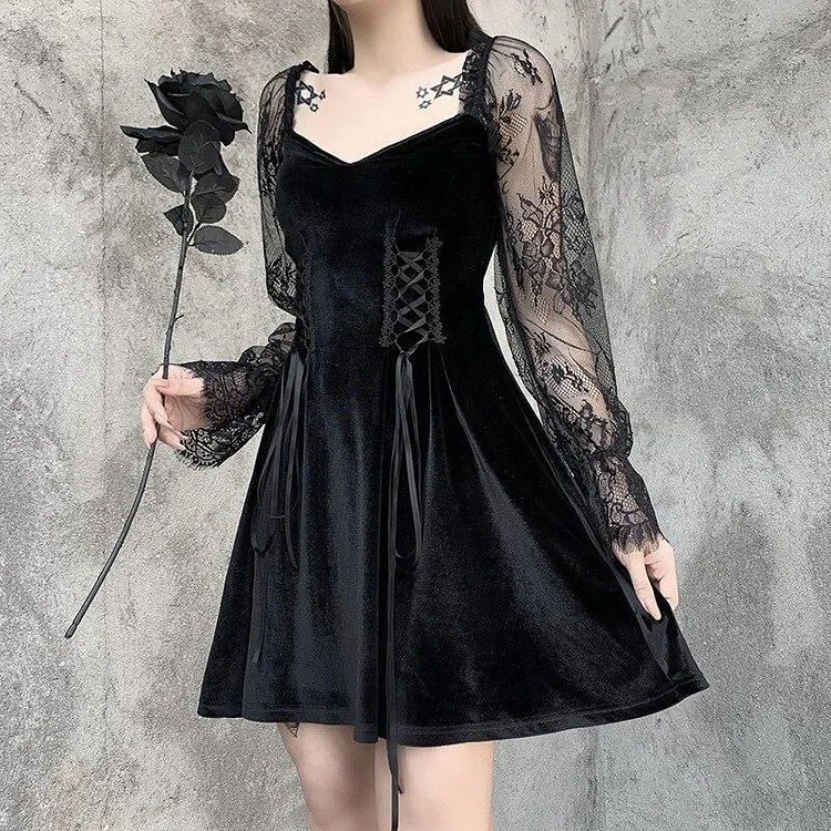 Goth Velvet Long Sleeve Laced Black Mini Dress