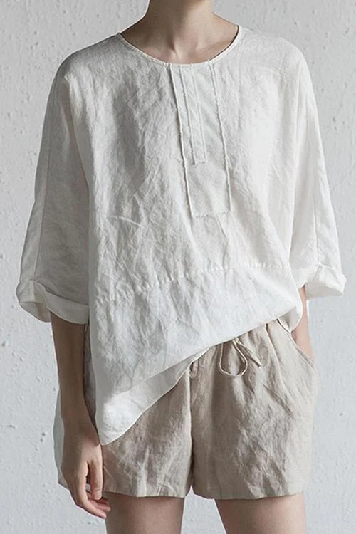O Neck Slit Back Loose Linen Blouse