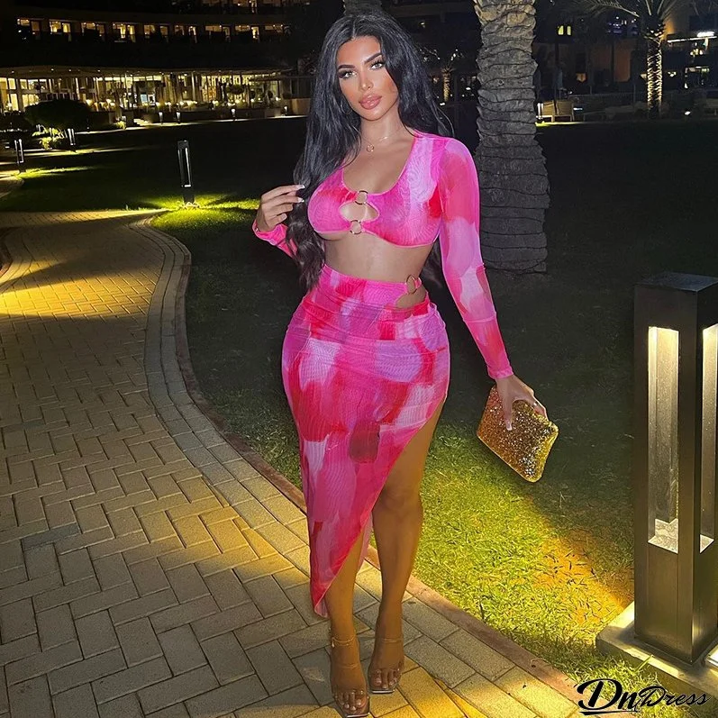 Women's clothing long-sleeved hollow top high waist Bodycon irregular skirt fashion two-piece set