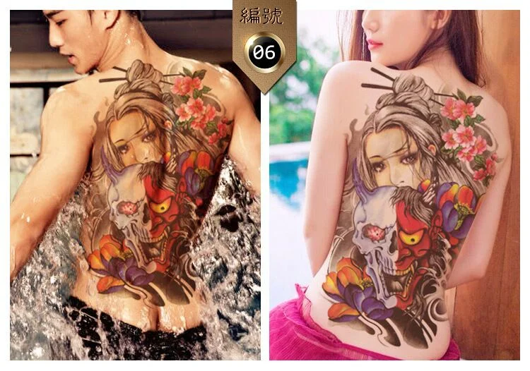 New 48*35cm Large geisha Tattoos Men Women Waterproof Big Temporary Tattoo Stickers Full Back Body art Fake Tattoo dragon skull