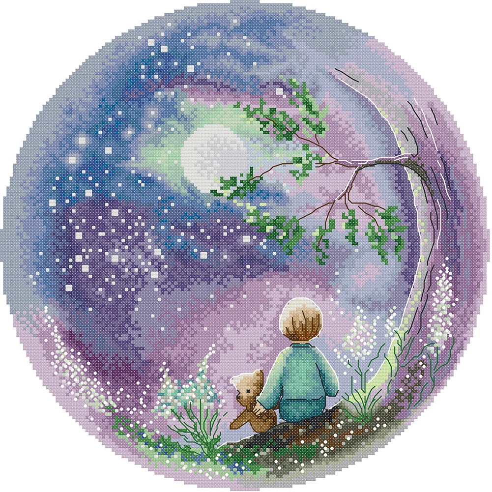 Looking up at the moon sky - 14CT Joy Sunday Stamped /Counted Cross Stitch(34*34cm)