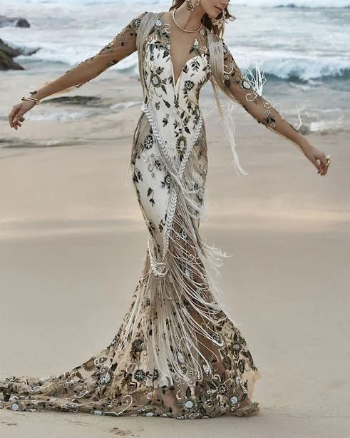 Women's Gauze Print Fringed Dress