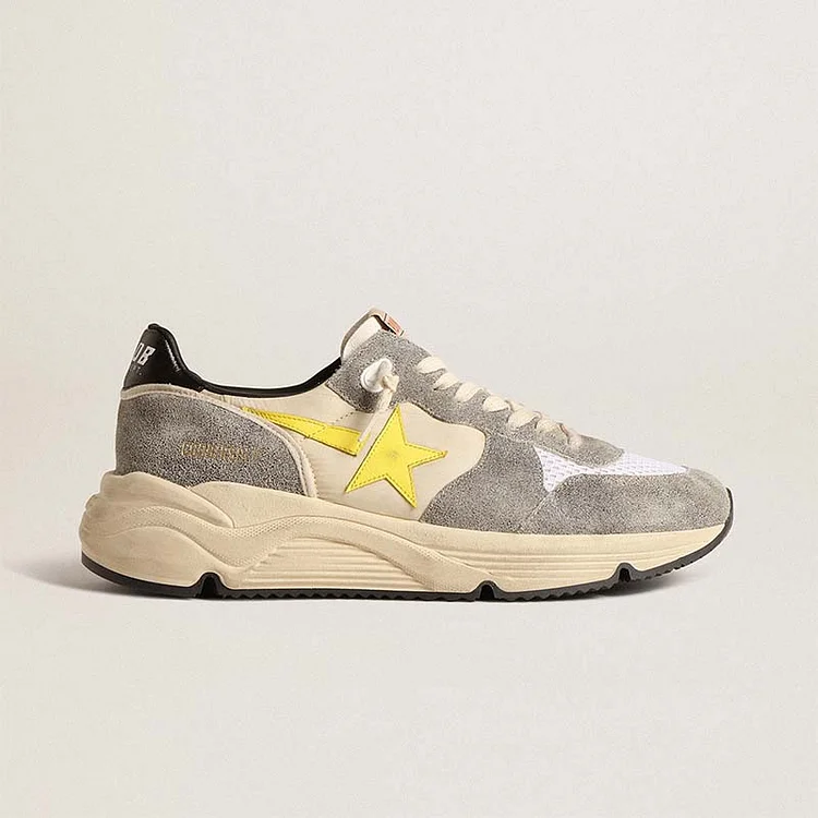 Golden Goose Running Sole de nailon beige y ante gris con estrella amarilla