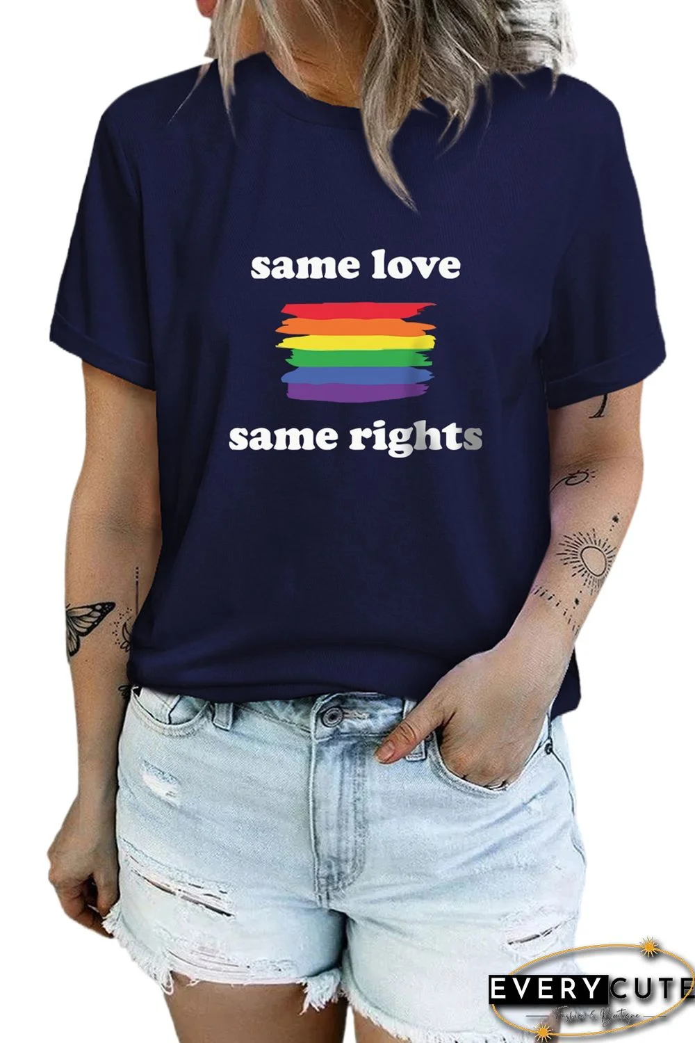 Blue Same Love Same Rights Rainbow Print Short Sleeve T Shirt