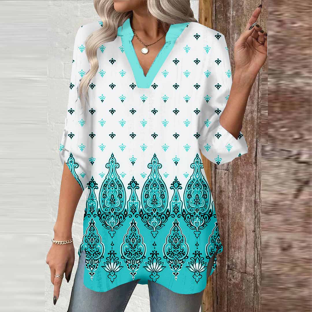 Women Paisley,Blue DZGA0009 3/4 Sleeve V-neck Printed Graphic Button Tops