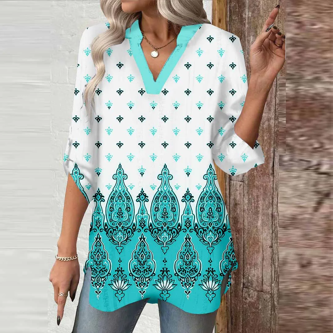 Women Paisley,Blue DZGA0009 3/4 Sleeve V-neck Printed Graphic Button Tops