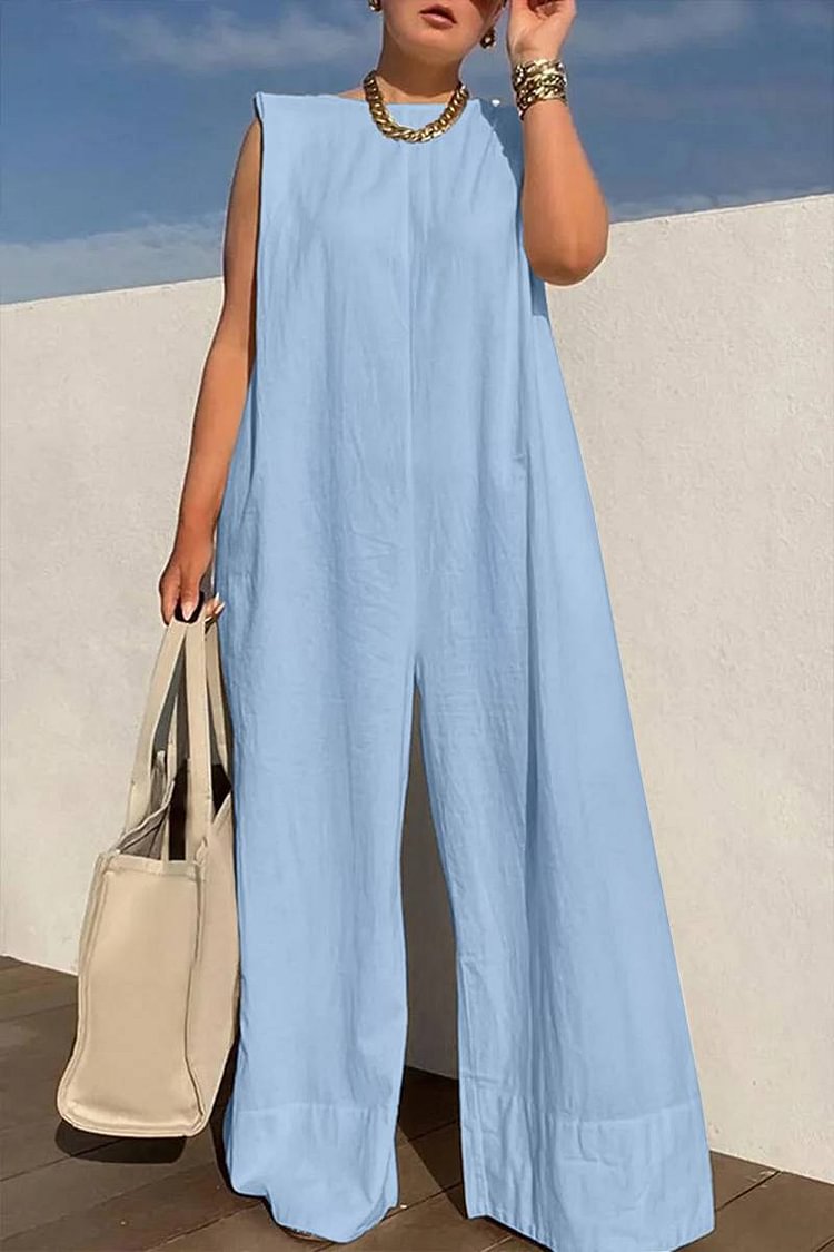 Xpluswear Plus Size Blue Casual Round-neck Sleeveless Wide Leg Jumpsuits [Pre-Order]