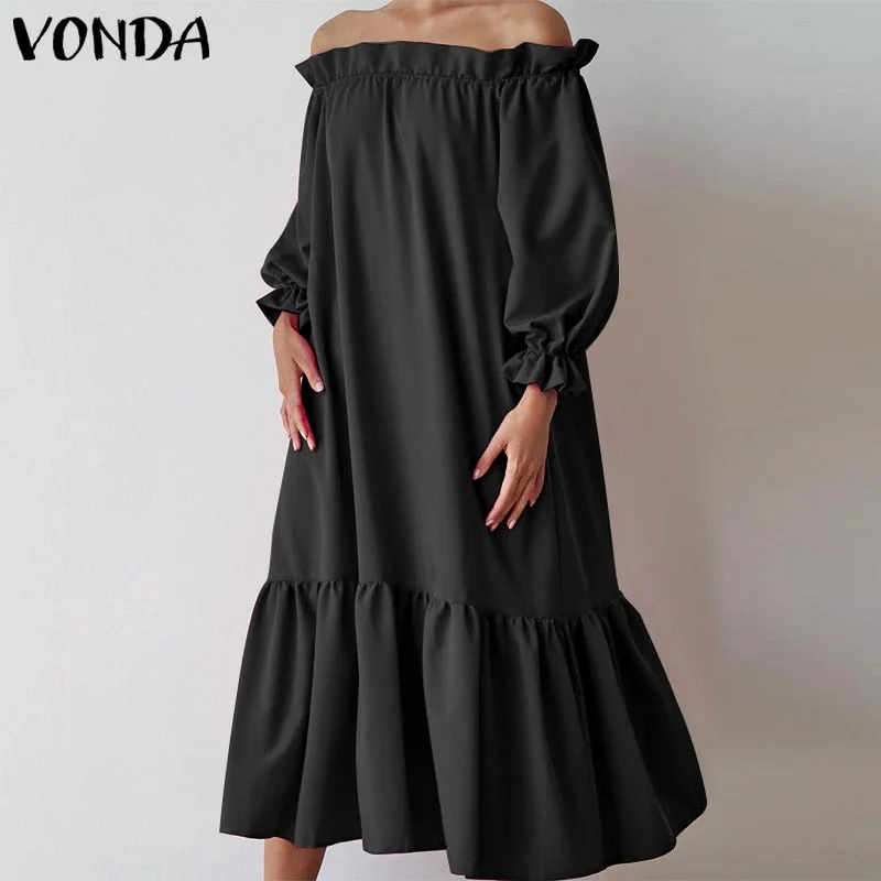 Holiday Swing Dress VONDA 2022 Women Sexy Off Shoulder Party Ruffled Dress Beach Sundress Casual Vestidos Oversized Robe Femme