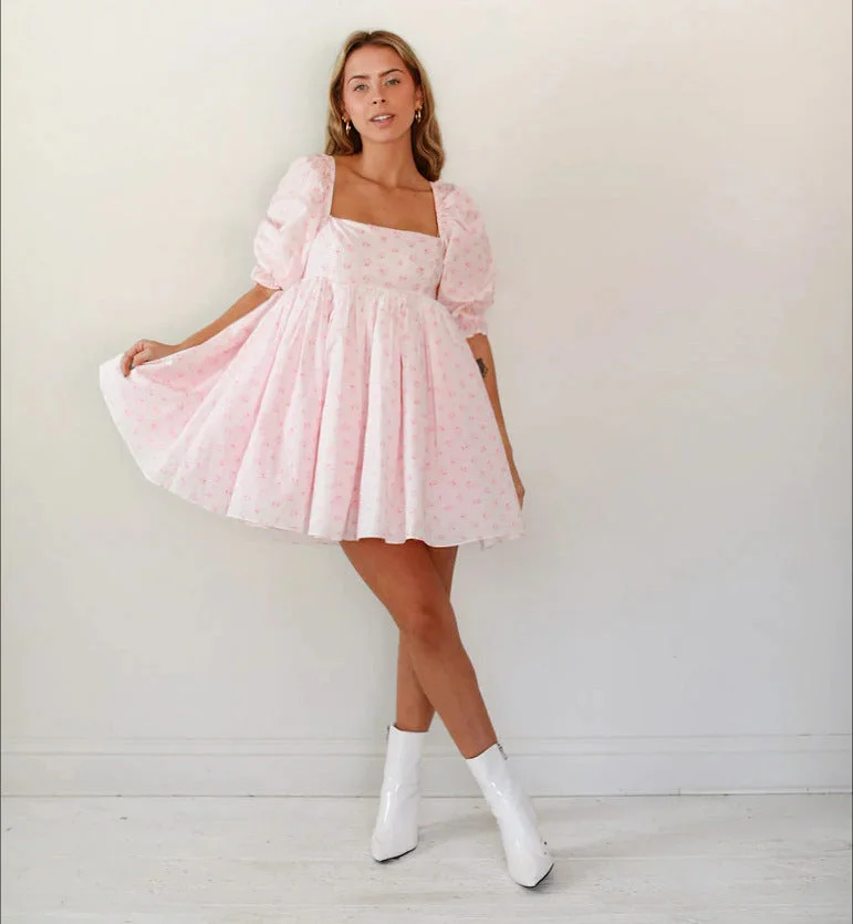 Brownm Printed Square Collar Lantern Short High Waist Sleeve Women's Backless Puffy Dress