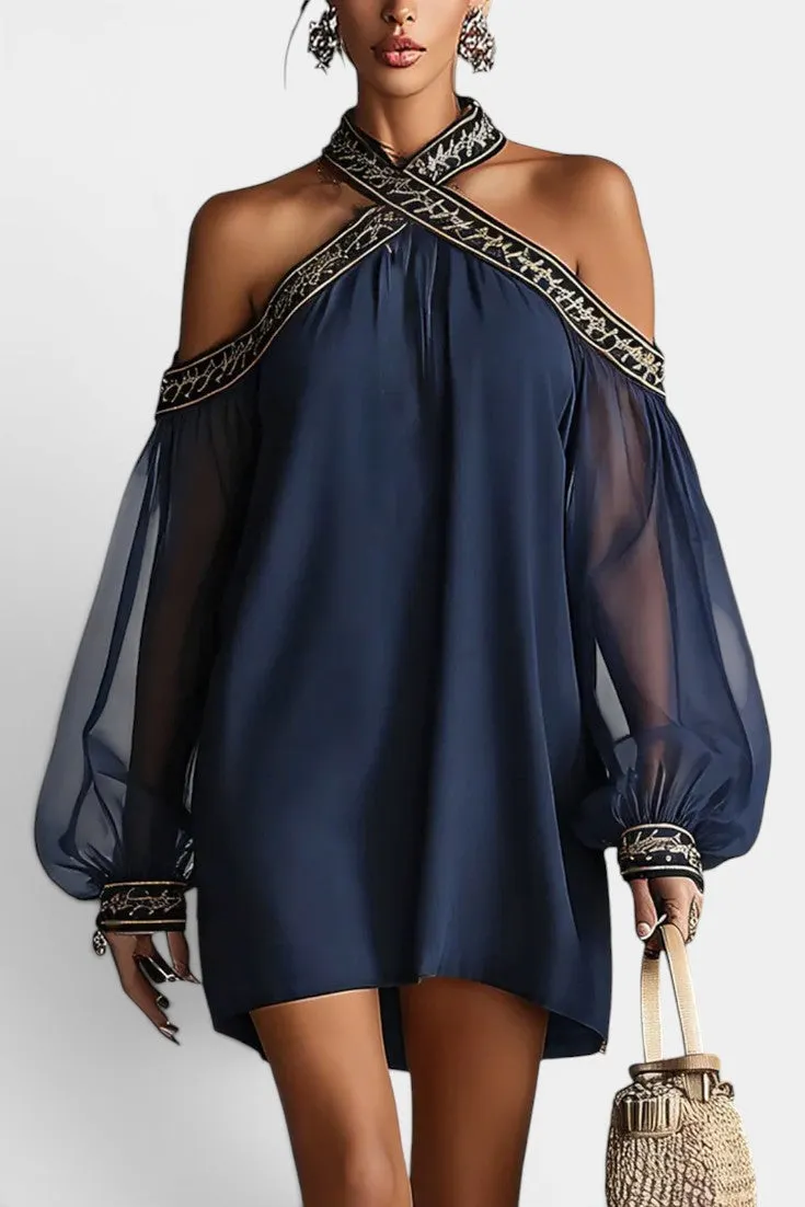Cross-Over Neck Dress with Sheer Puff Sleeves