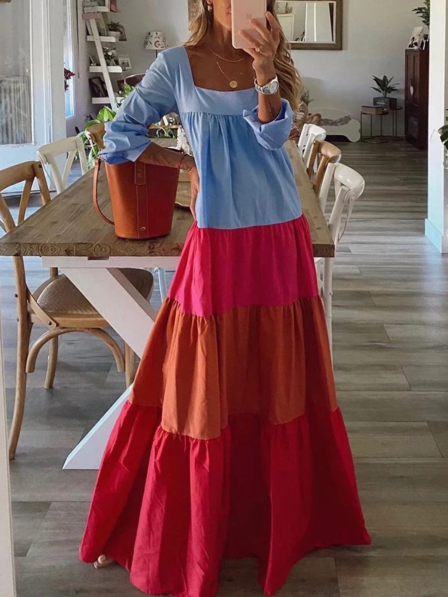 Sexy Vacation Colorful Color Block Dress P14699