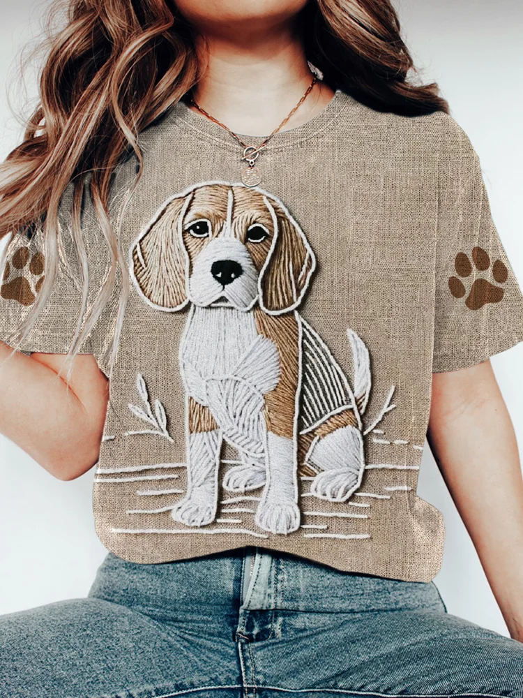 Pet Dog Embroidery Pattern Women's Casual Short Sleeve T-Shirt