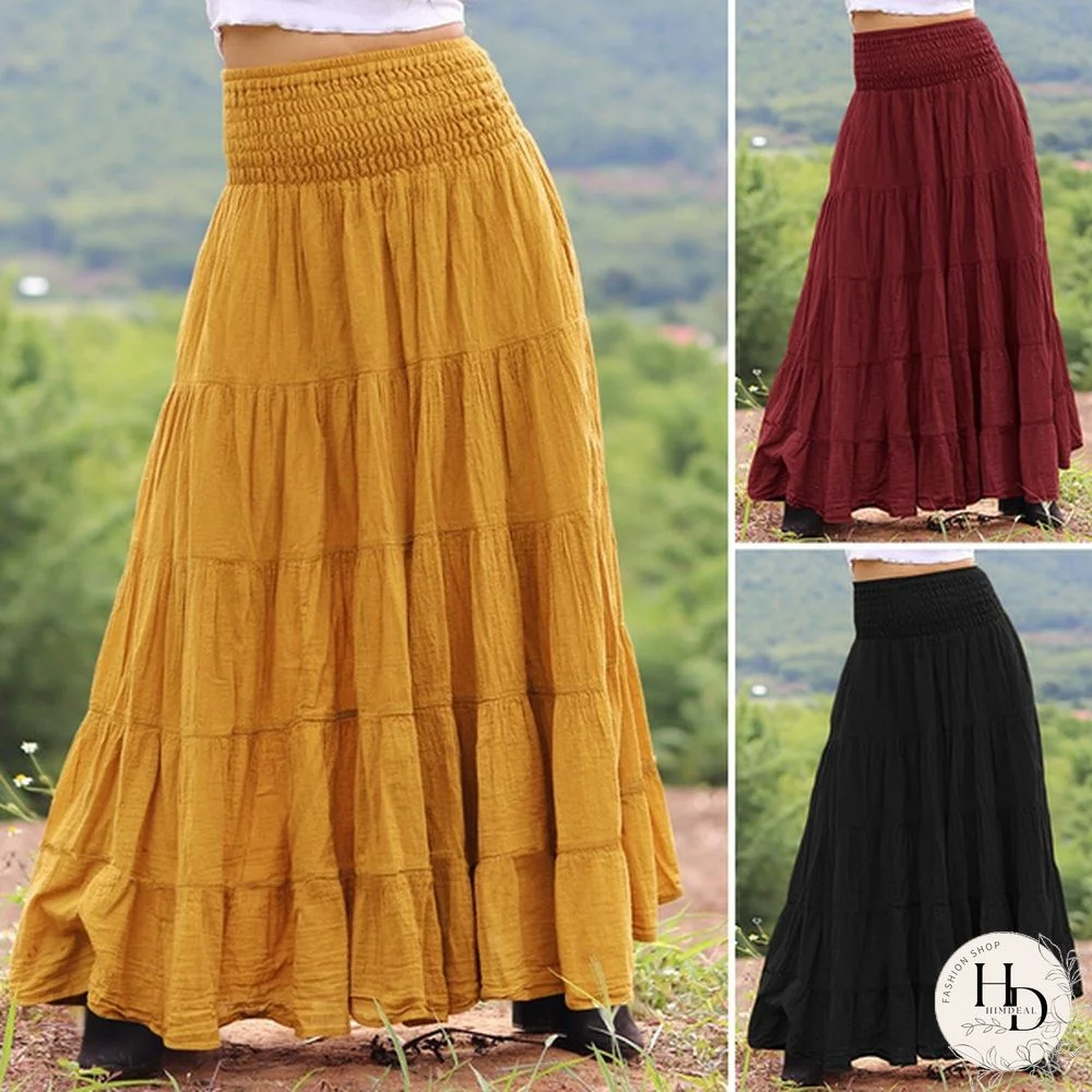 Women Elastic Waist Pleated Maxi Skirts Slim Fit Casual Beach Holiday Long Skirt Dress