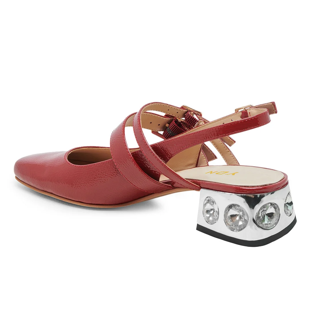 Red Patent Leather Square Toe Slingback Decorative Heel Loafers 