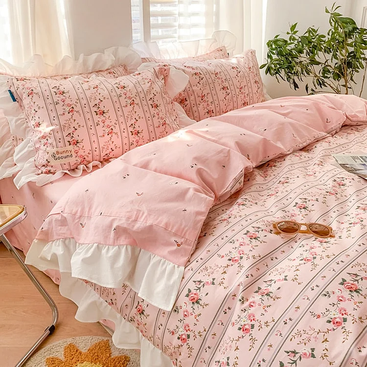 Cute Vintage Flower Pattern Bedding Sheet Duvet Cover Set - Gotamochi Kawaii Shop, Kawaii Clothes