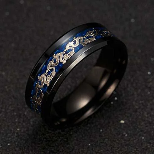 6MM 8MM Women's Or Men's Tungsten Carbide Wedding Matching Rings Black with Gold Celtic Dragon Over Blue Carbon Fiber inlay