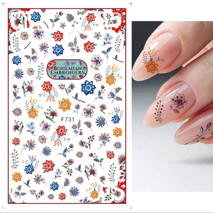 Nail Stickers Back Glue Colorful Flowers Green Leaves Designs Nail Decal Decoration For Nail Tips Beauty-Nail Inspo