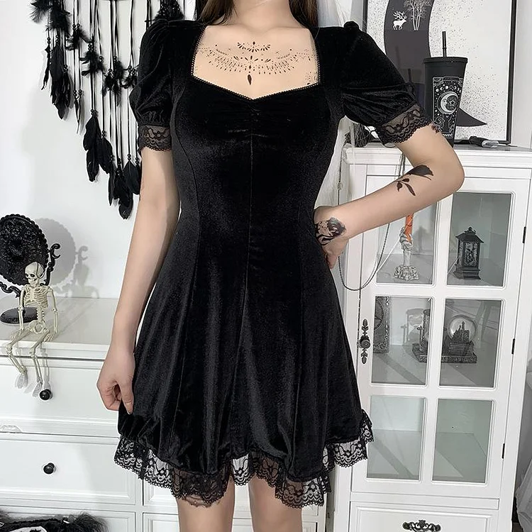 Puff Sleeve Lace Square Neck Velvet Dress