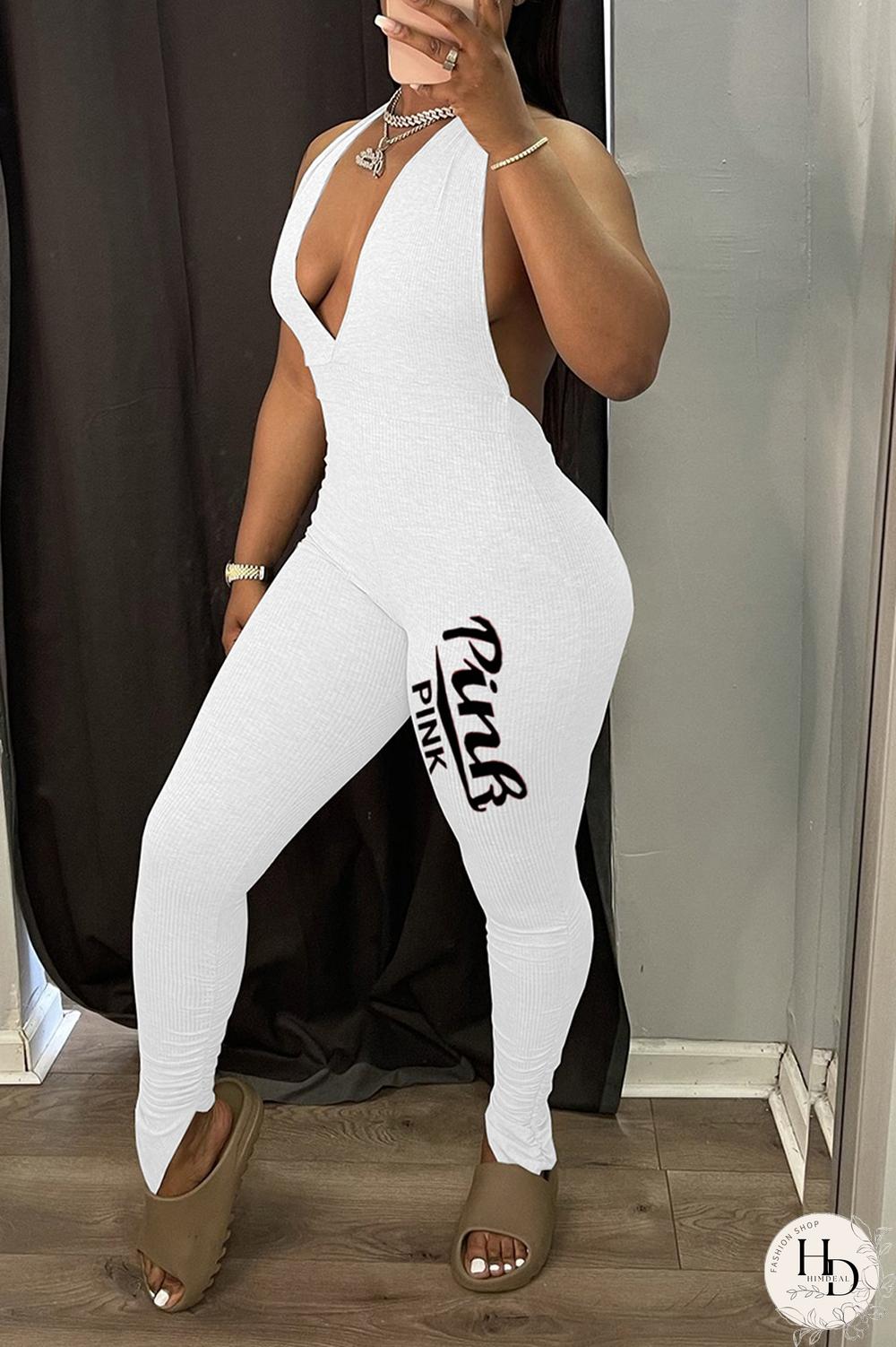 White Sexy Print Patchwork V Neck Skinny Jumpsuits