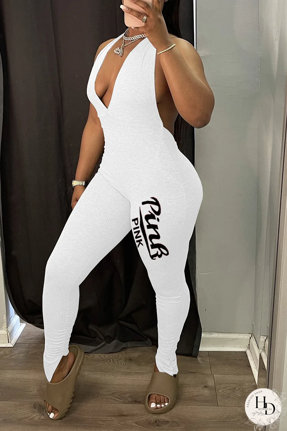 White Sexy Print Patchwork V Neck Skinny Jumpsuits