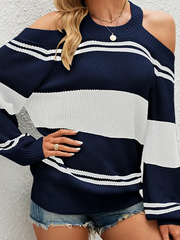Women's Scoop Neck Long Sleeve Striped Cold Shoulder Top Knit Sweater