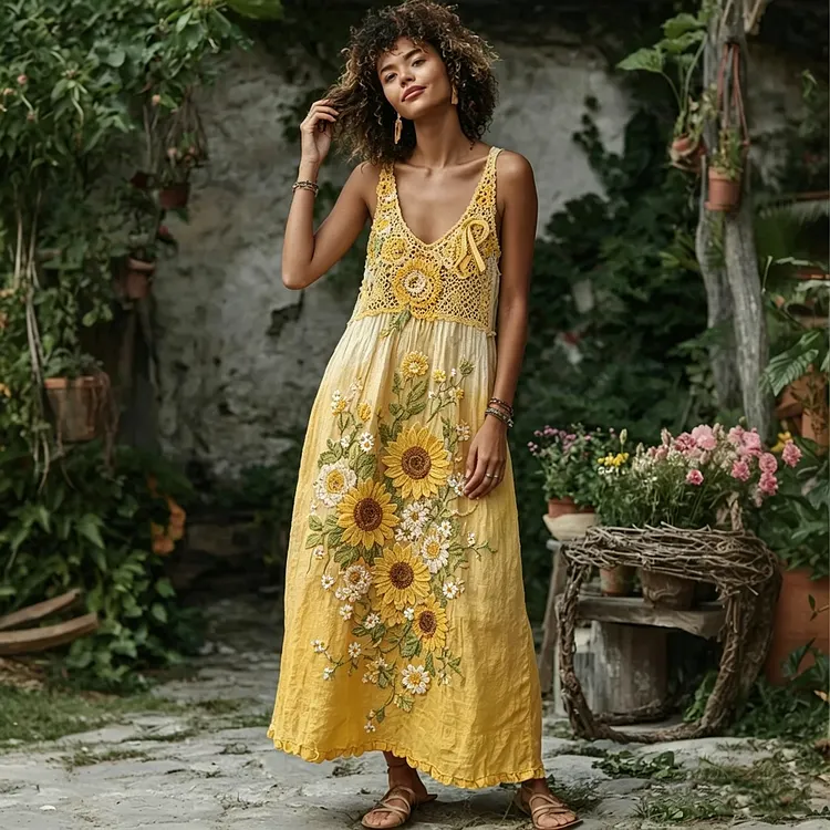 Women's Sunflower Crochet Embroidered Boho Maxi Dress
